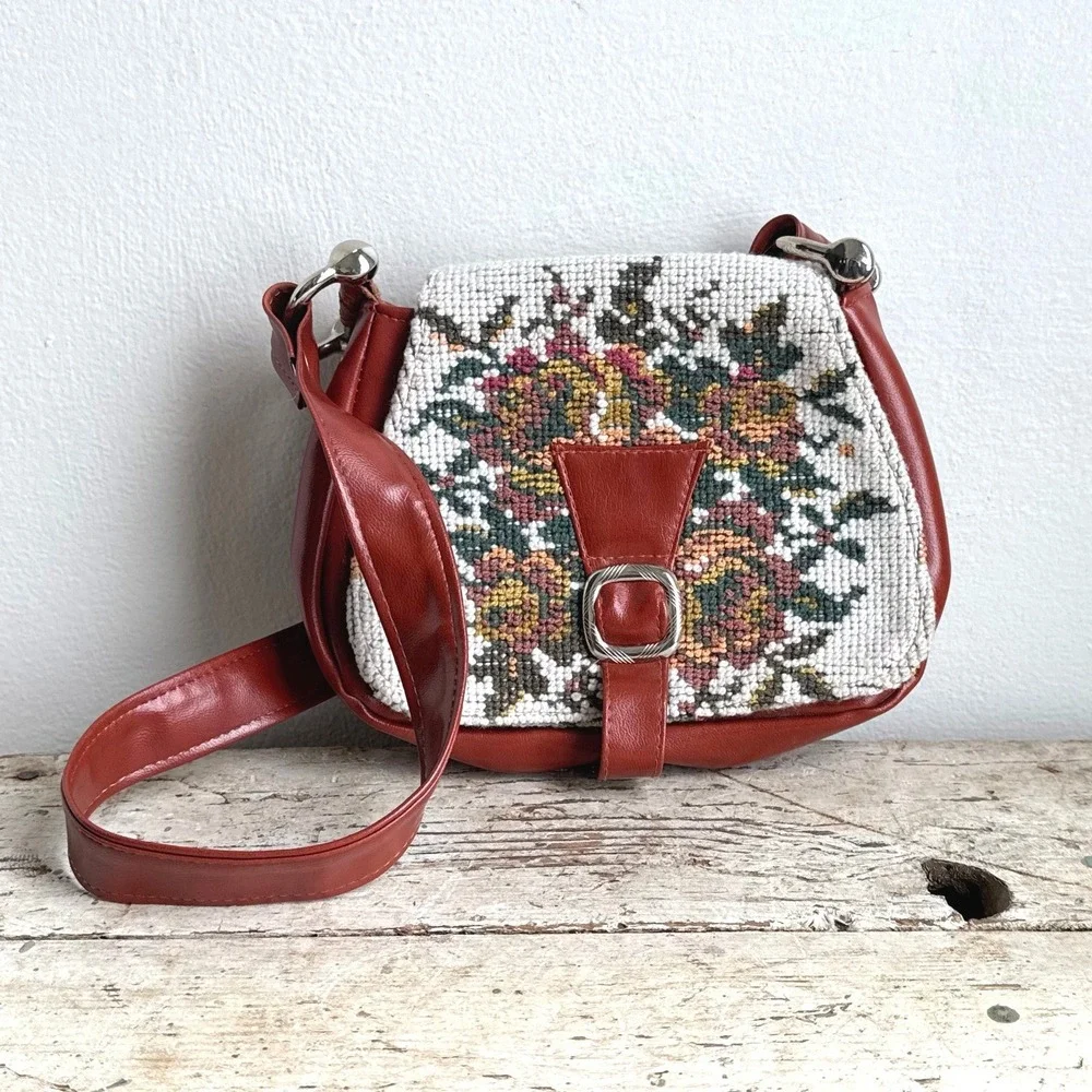 Vintage Floral Needlepoint Tapestry Crossbody Bag Rust Faux Leather Saddle Bag